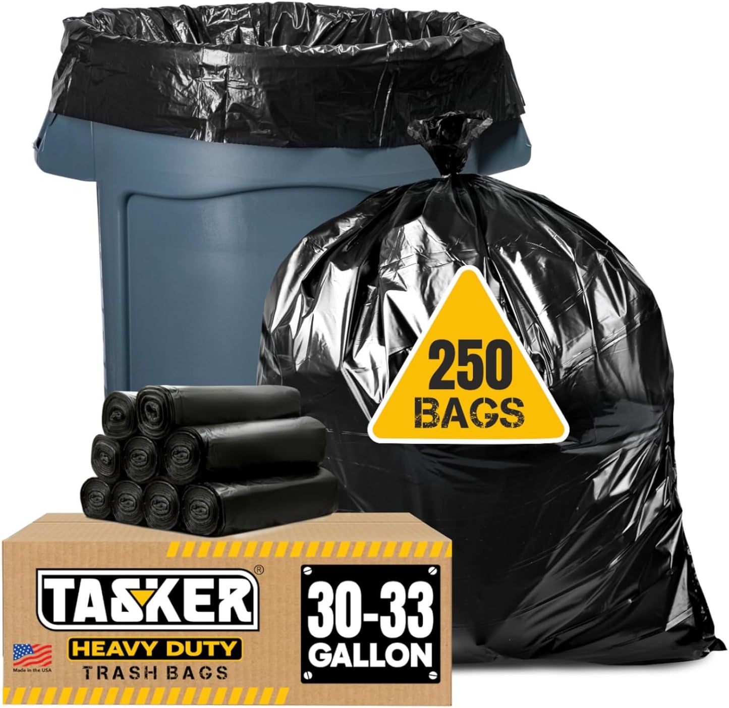 Tasker 30-33 Gallon Trash Bags Heavy Duty (MegaValue Pack 250 Count) Large Black Garbage Bags 30 Gallon - 32 Gallon - 33 Gallon- 35 Gallon. High Density Bags