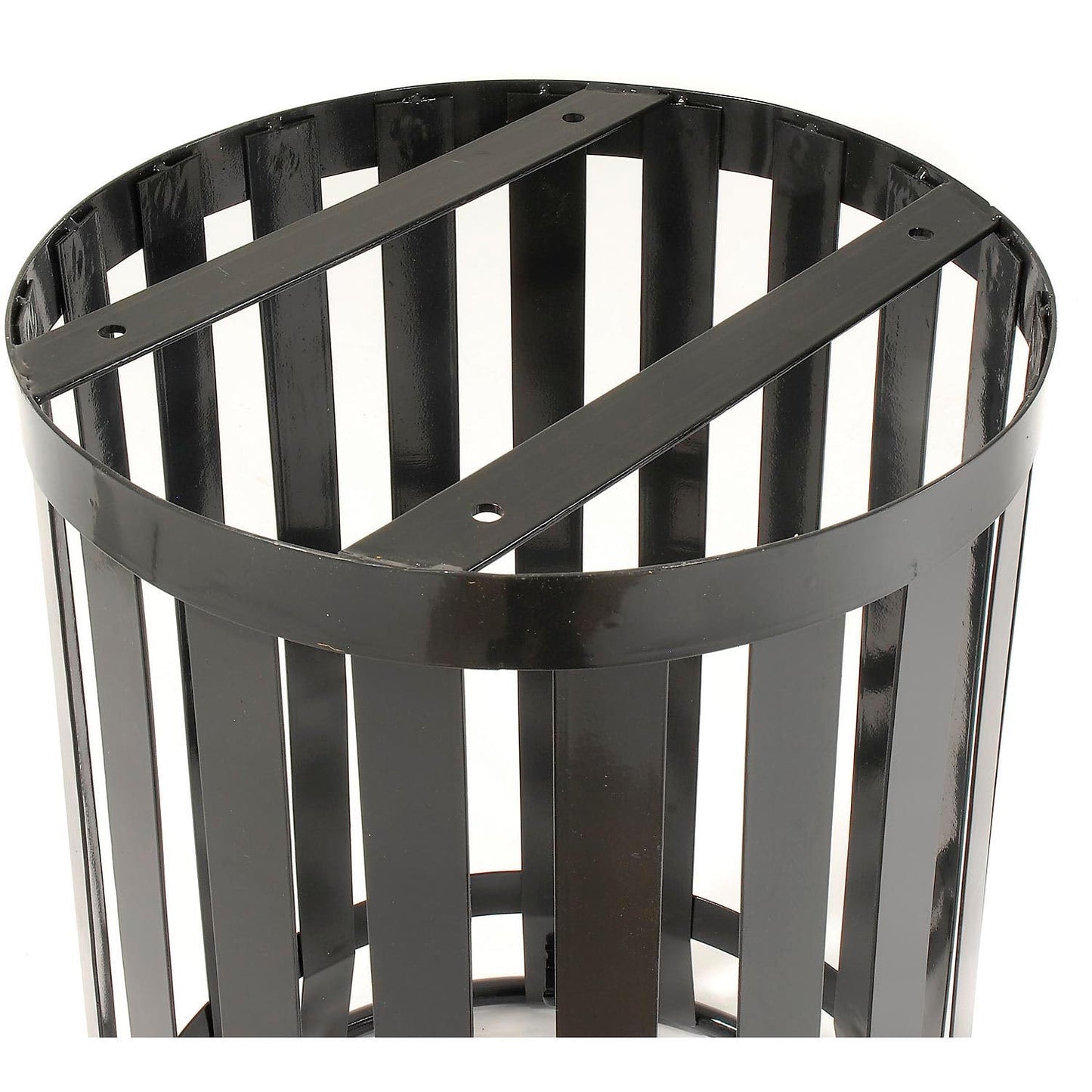Global Industrial 36 Gallon Outdoor Slatted Steel Round Trash Can with Flat Lid, Plastic Liner & Anchor Kit Included, 28" W x 36" H, Commercial & Industrial Trash Can, Black