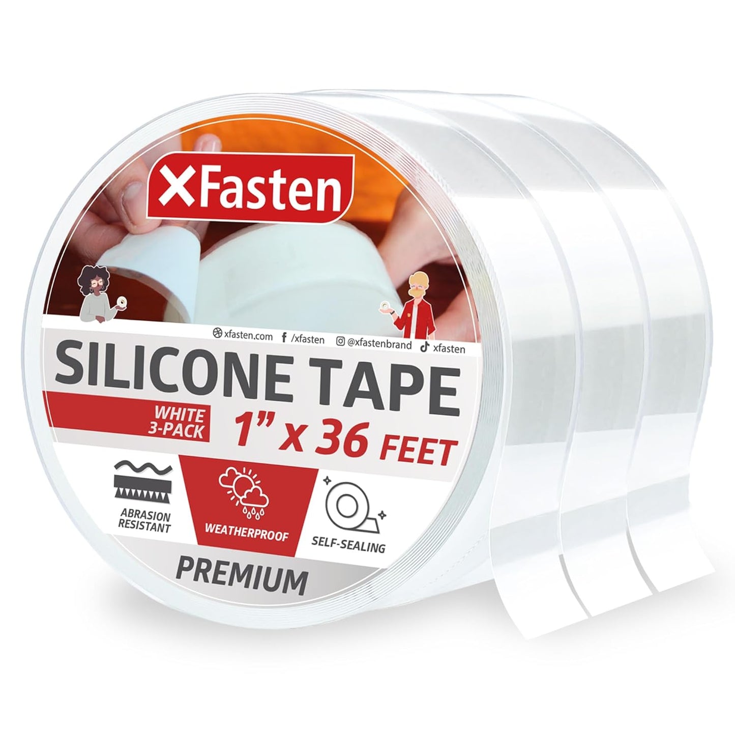 XFasten Self Fusing Silicone Tape Waterproof White – 1" x 36 Feet (3-Pack 108ft), Self Amalgamating Tape, Silicone Rubber for Plumbing, Sealing Pipes, Hose Repair, Outdoor Coax and Electrical Cables