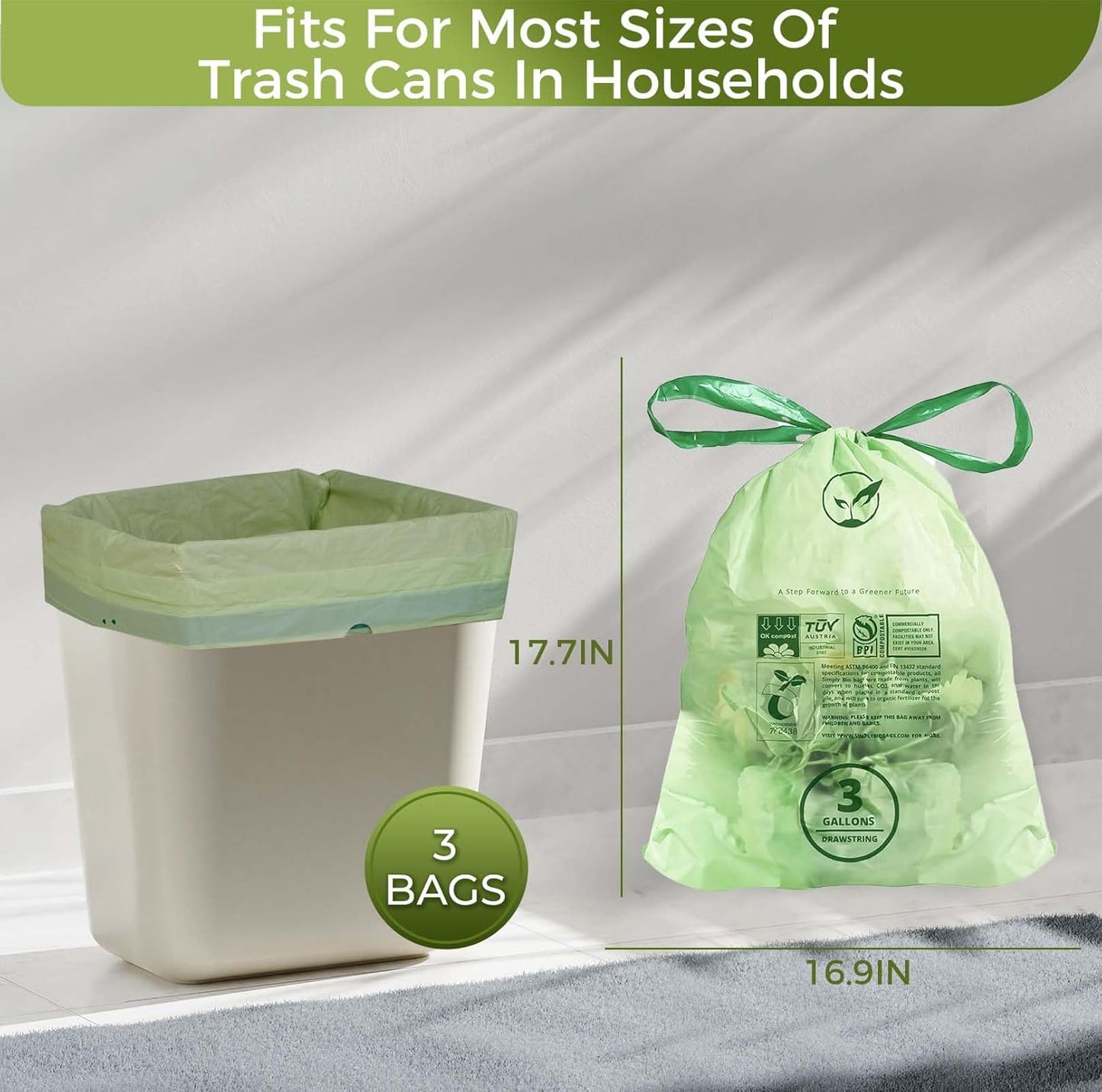 3 Gallon Compostable Trash Bags Drawstring, Heavy Duty Extra Thick 1 Mil, 11.36 Liter, 50 Bags, Small Kitchen Food Scrap Waste Bag, ASTM D6400, US BPI and OK Compost Home Certified