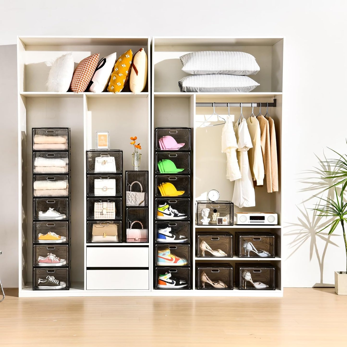 New Gray 8 Pack Shoe Boxes Stackable, Large Shoe Storage Organizer with Lids,Drop Side Shoe Containers for Entryway,Sneaker Storage Fit up to US Size 13 for Men/Women(13’’x 10.6”x 8.3”)