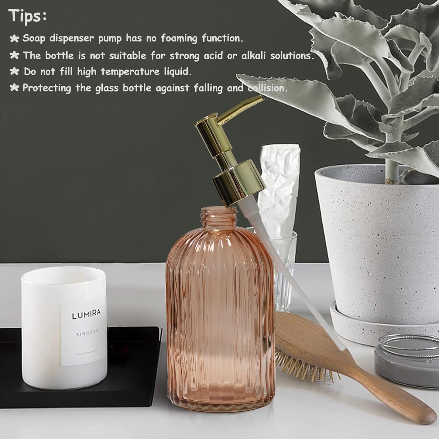 Glass Soap Dispenser with Gold Plastic Pump, 13.5oz Refillable Liquid Hand Soap Dispenser, Crystal Lotion Bottle for Modern Home Decor, Bathroom, Kitchen Countertop, Hotel(Orange)