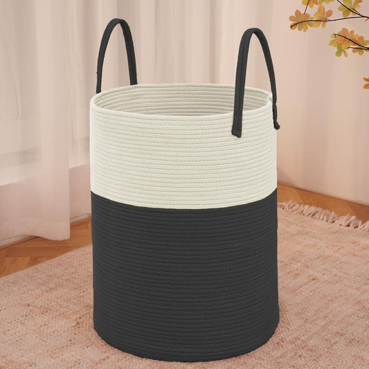 Large Woven Laundry Basket Hamper,60L Cotton Rope Storage Bin for Blankets,Toys and Clothes,Decorative Tall Nursery Hamper for Living Room,Baby Nursery,Bathroom and Bedroom,White and Black