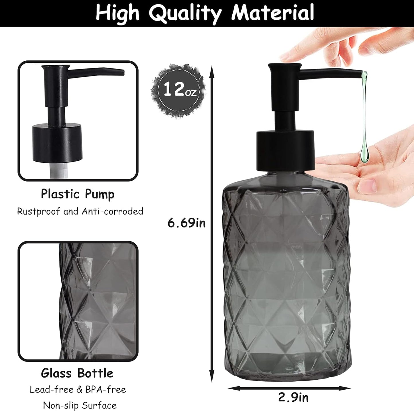 Glass Soap Dispenser with Black Plastic Pump, 12oz Refillable Liquid Hand Soap Dispenser, Crystal Lotion Bottle for Modern Home Decor, Bathroom, Kitchen Countertop, Hotel