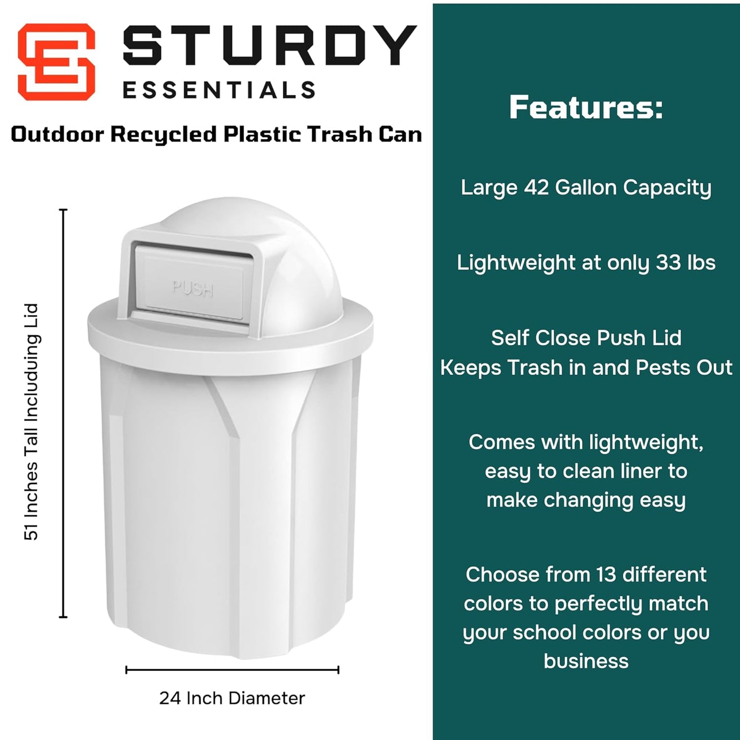 42 Gallon Circle 100% Recycled Plastic Heavy Duty Outdoor Commercial Trash Can with Push Open Dome Lid and Internal Liner | Great for Schools and Businesses - White
