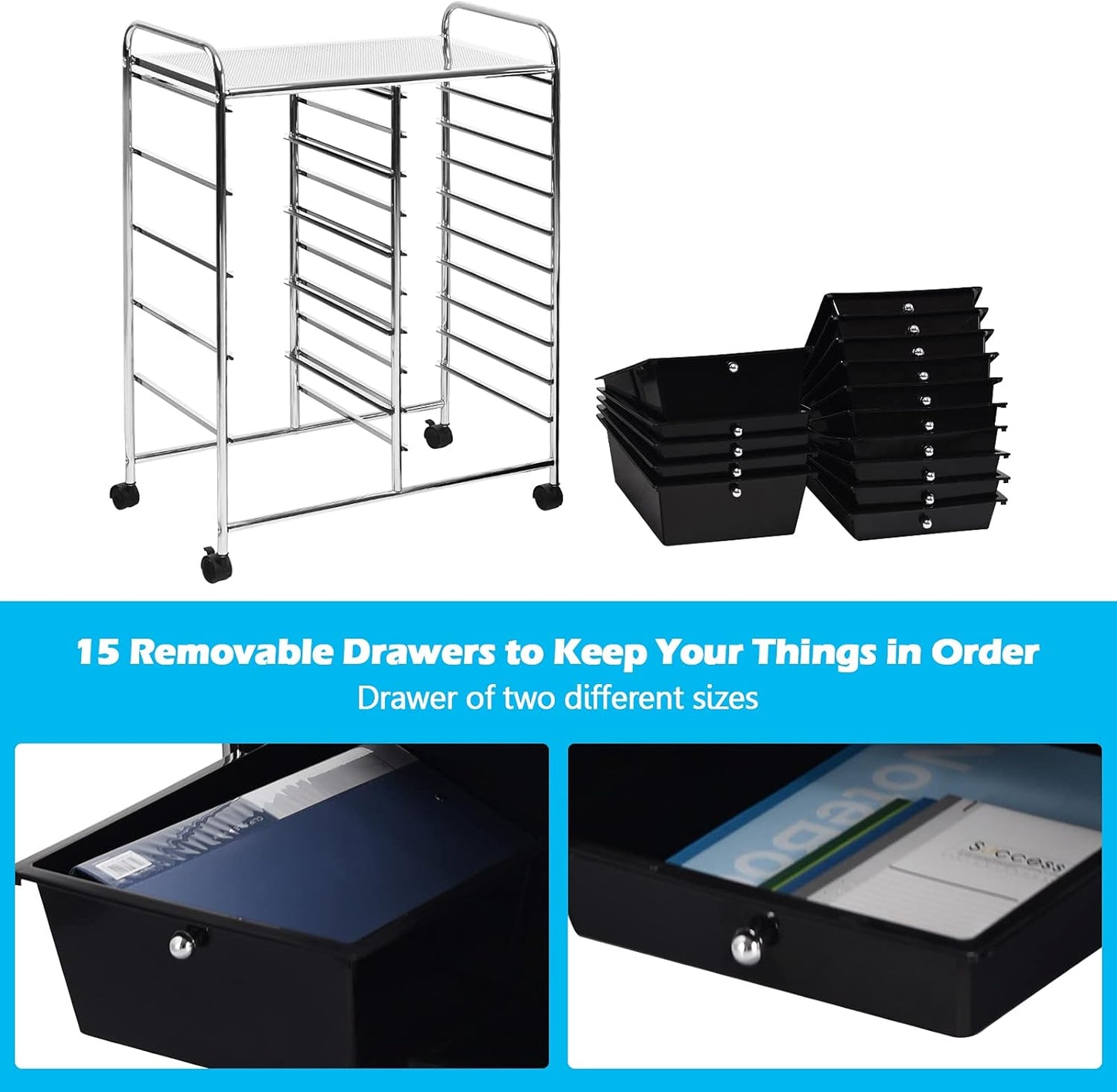 GOFLAME 15-Drawer Rolling Storage Cart, Multipurpose Movable Organizer, Utility Cart for Home, Office, School, Black