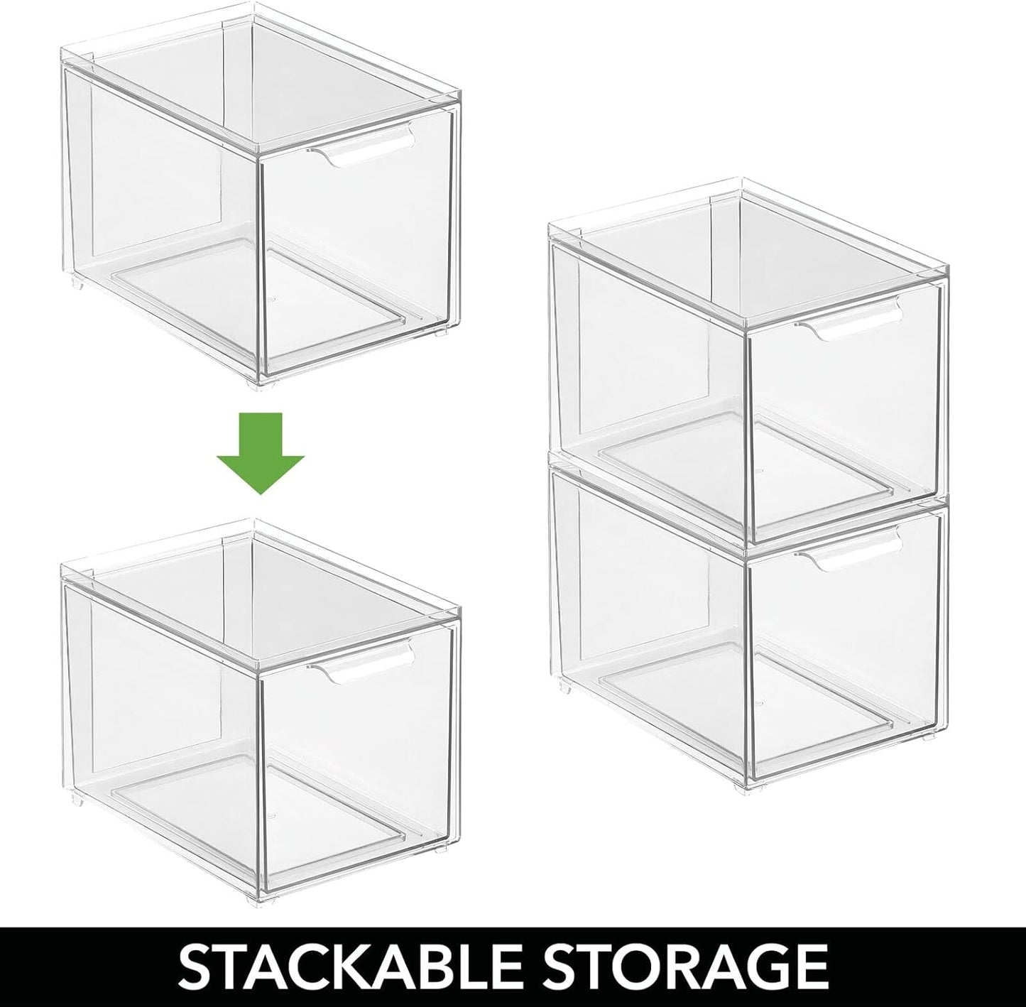mDesign Plastic Pantry Organization and Storage Bin w/Pull Out Drawer - Slim Stackable Kitchen Supplies Storage Container for Organizing Cabinet, Fridge, Freezer - Lumiere Collection - 4 Pack - Clear