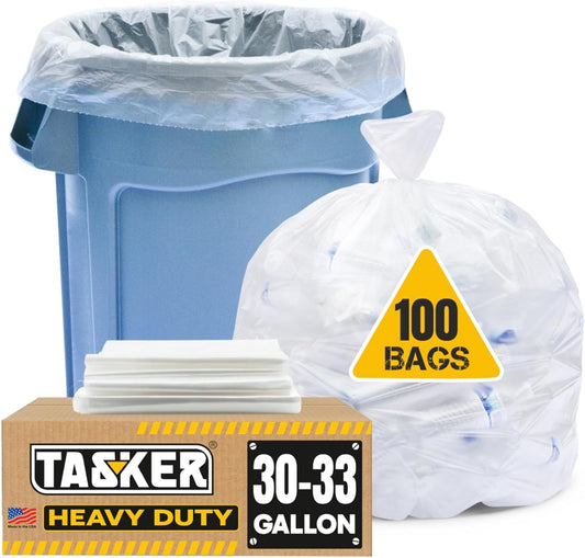 Tasker 30-33 Gallon Trash Bags Heavy Duty (Value 100/Bags w/Ties) Clear Large Plastic Recycling Garbage Bags. 30 Gal, 32 Gallon Clear Large Trash Bags