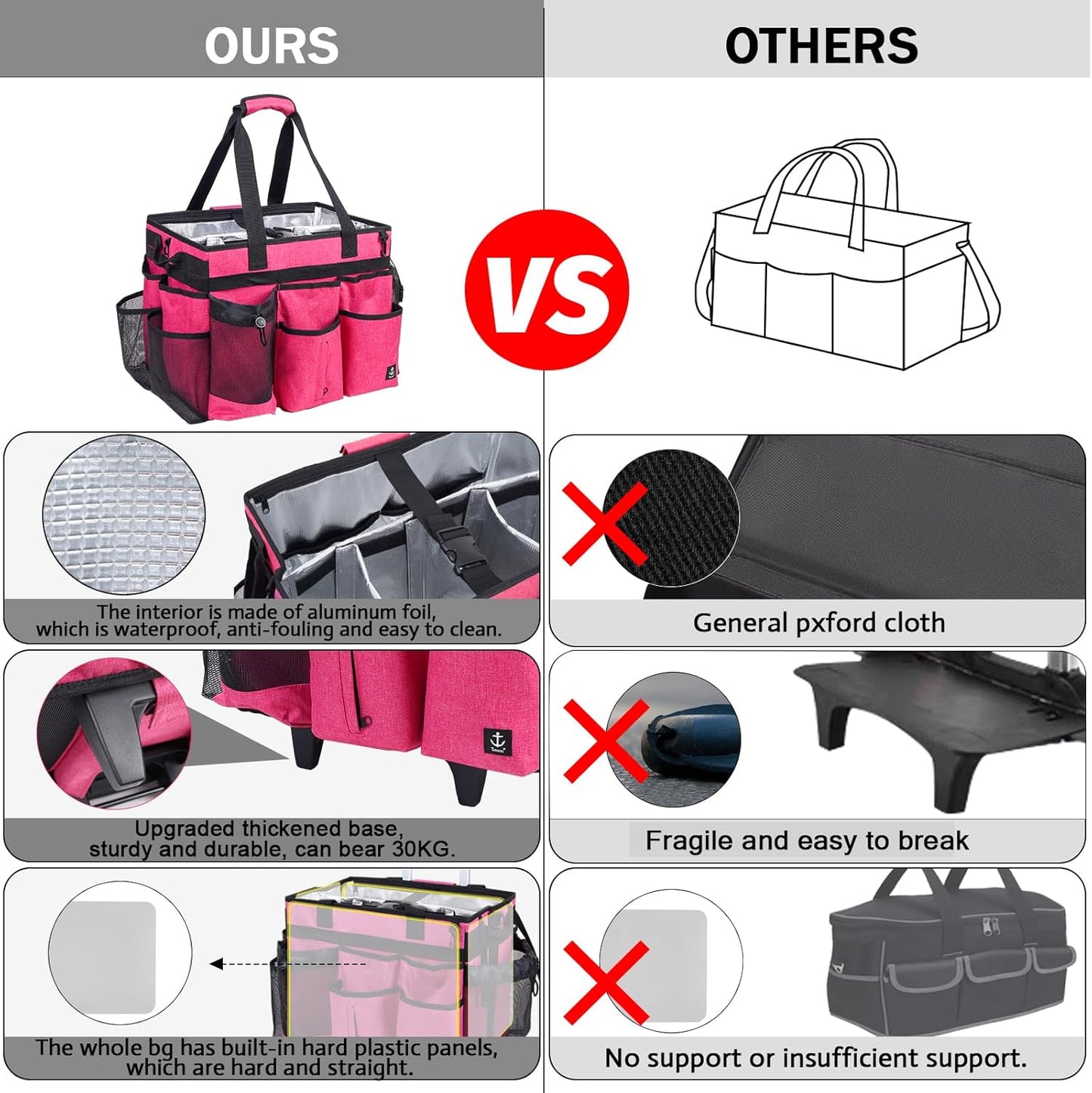 Extra Large Rolling Cleaning Caddy Bag with Detachable, Foldable Trolley Portable Cleaning Cart for Housekeeping Cleaning Caddy with Adjustable Shoulder Strap and Multiple Storage Pockets