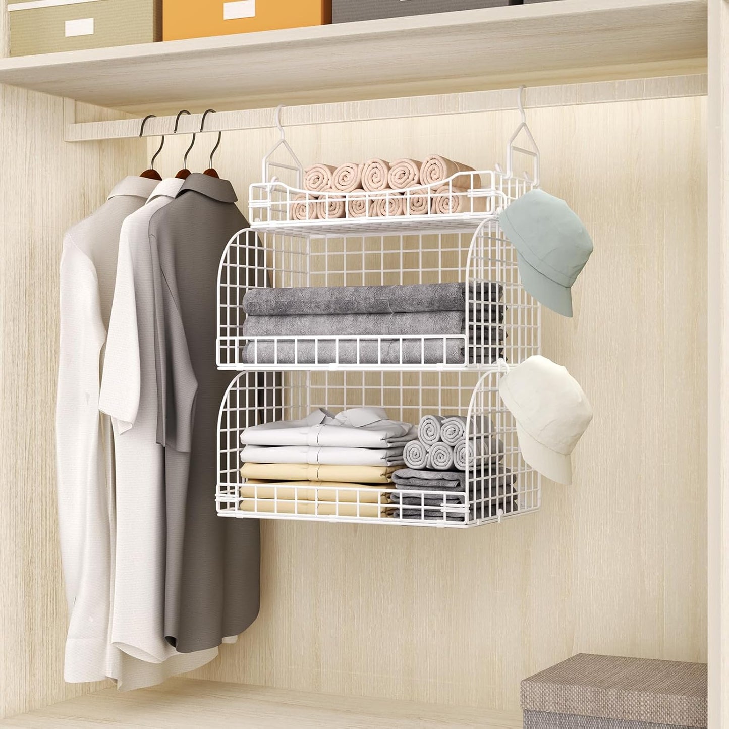 HapiRm Hanging Closet Organizer Storage - 3 Tier Metal Stackable Hanging Closet Shelves with Dividers and S Hooks, Foldable Clothes Shelves for Clothes, Pants, Shoes, Coat, Hats Clutches Accessories