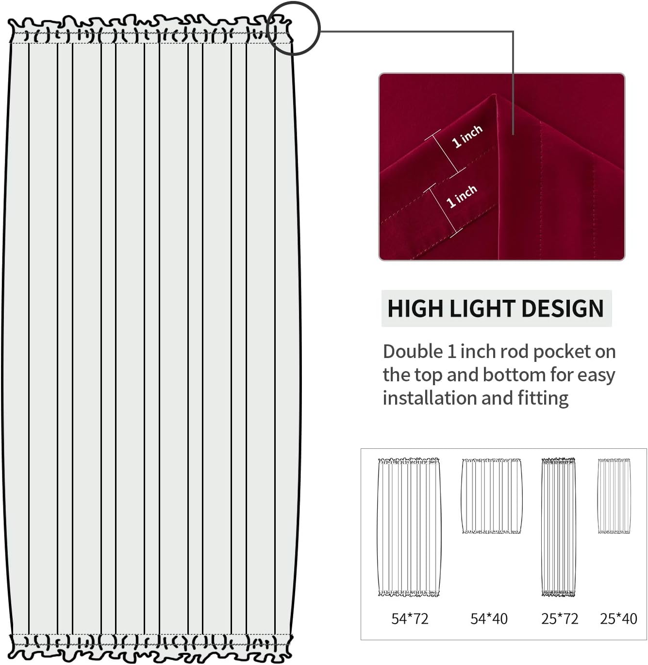 DWCN French Door Curtains – Rod Pocket Thermal Blackout Curtain for Doors with Glass Window, Christmas, Kitchen and Patio Doors for Privacy, 25 X 72 Inches, 1 Curtain Panel with Tieback, Burgundy