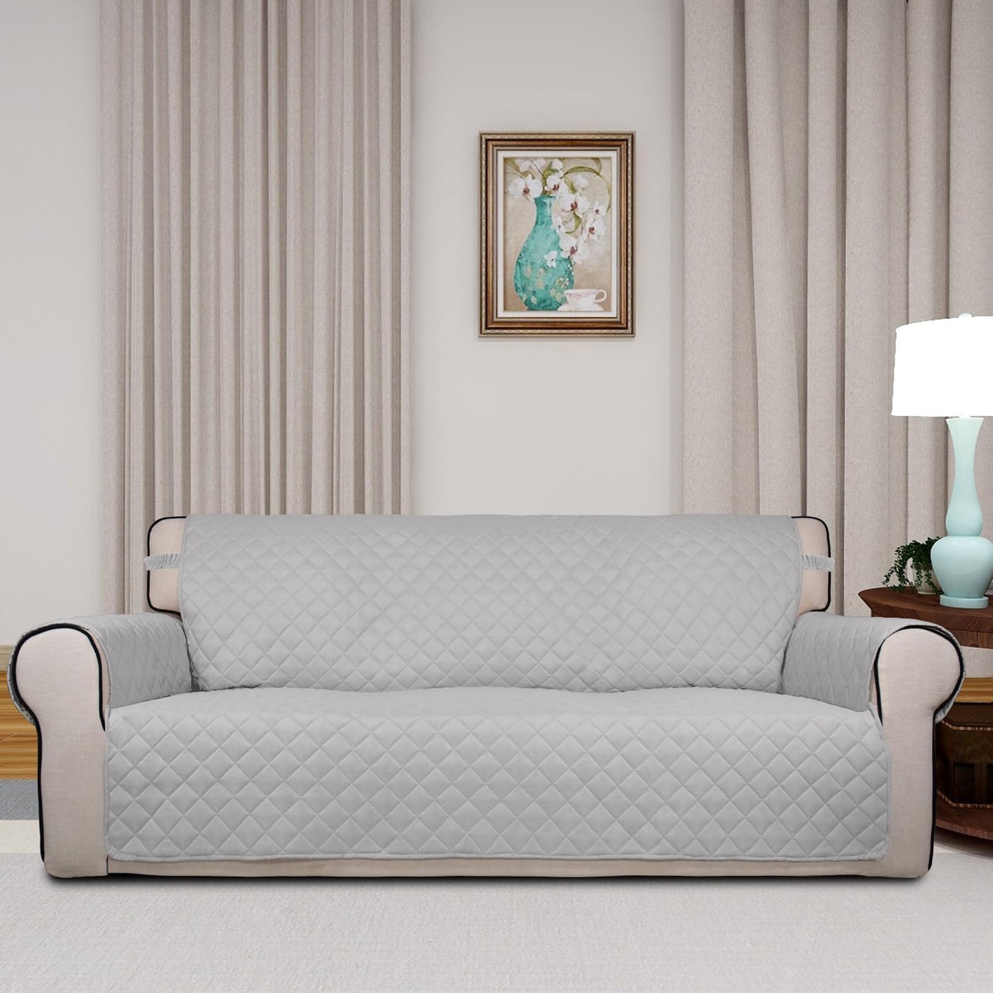 PureFit Reversible Quilted Sofa Cover, Water Resistant Slipcover Furniture Protector, Washable Couch Cover with Non Slip and Elastic Straps for Kids, Pets (Oversized Sofa, Light Gray/Light Gray)