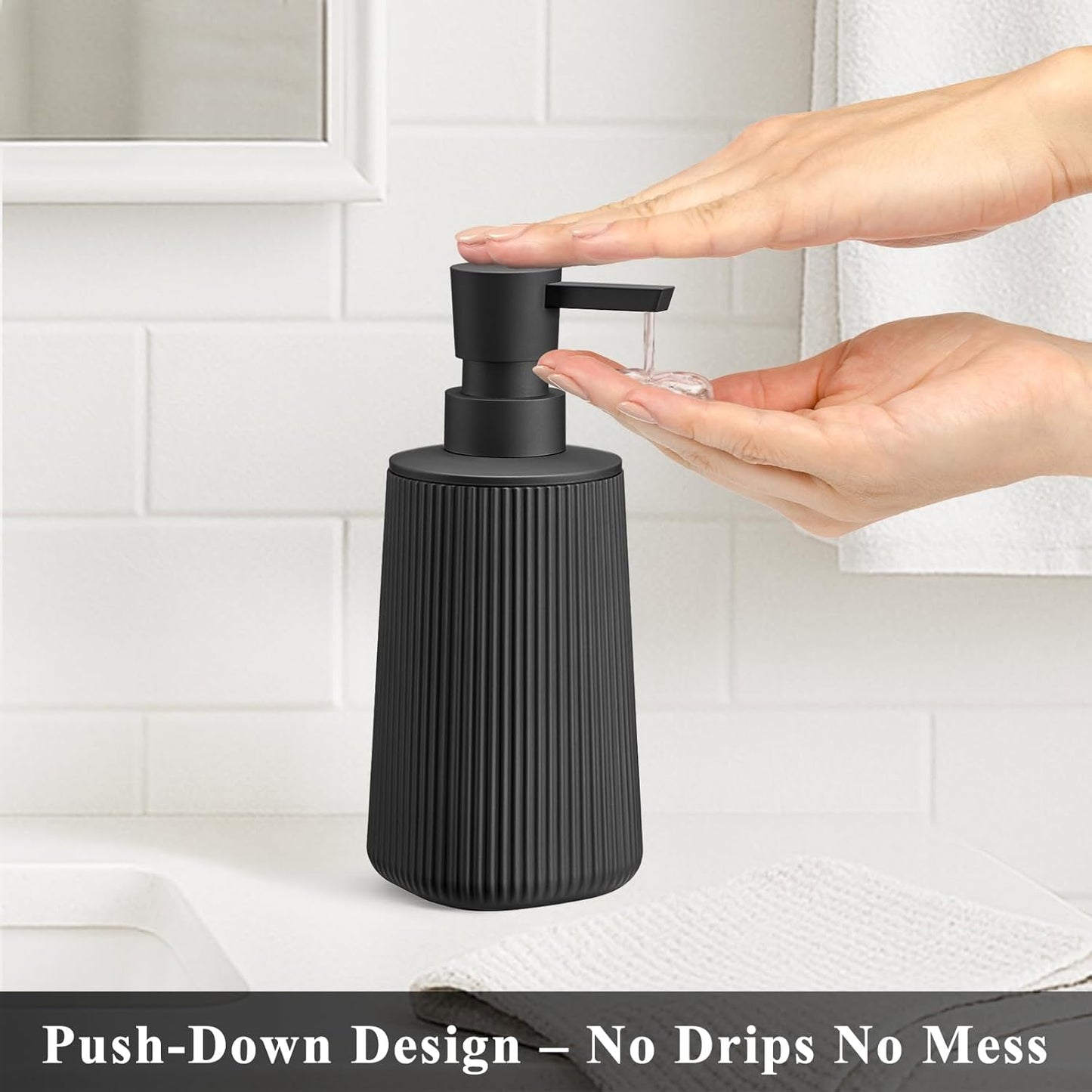 Black 2 Pack Hand Soap Dispensers with No Rust Pump for Bathroom and Kitchen Countertops Refillable Striped Matte Plastic 8.5 oz
