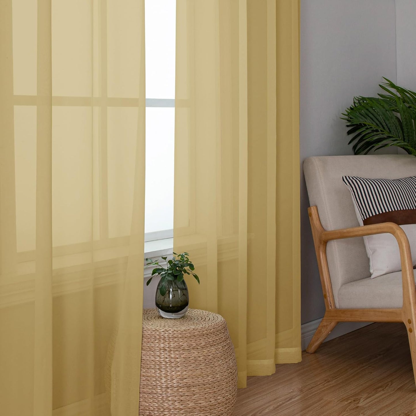 Chyhomenyc Gold Sheer Curtains 63 Inch Length 2 Panels, Rod Pocket Solid Window Sheer Curtain Panels, Elegant Curtains & Drapes for Living Room Bedroom 2 Panels (Gold, 42 W x 63 L)