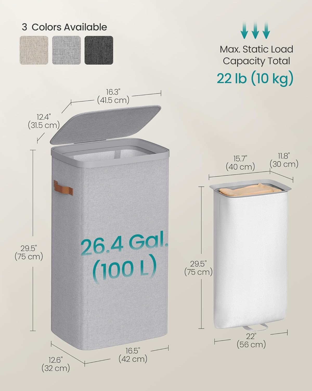 SONGMICS Laundry Basket, 26.4 Gal. Laundry Hamper, Easy Assembly, with Lid and Handles, Removable Liner, 16.5 x 12.6 x 29.5 Inches, Dove Gray ULCB811GD01