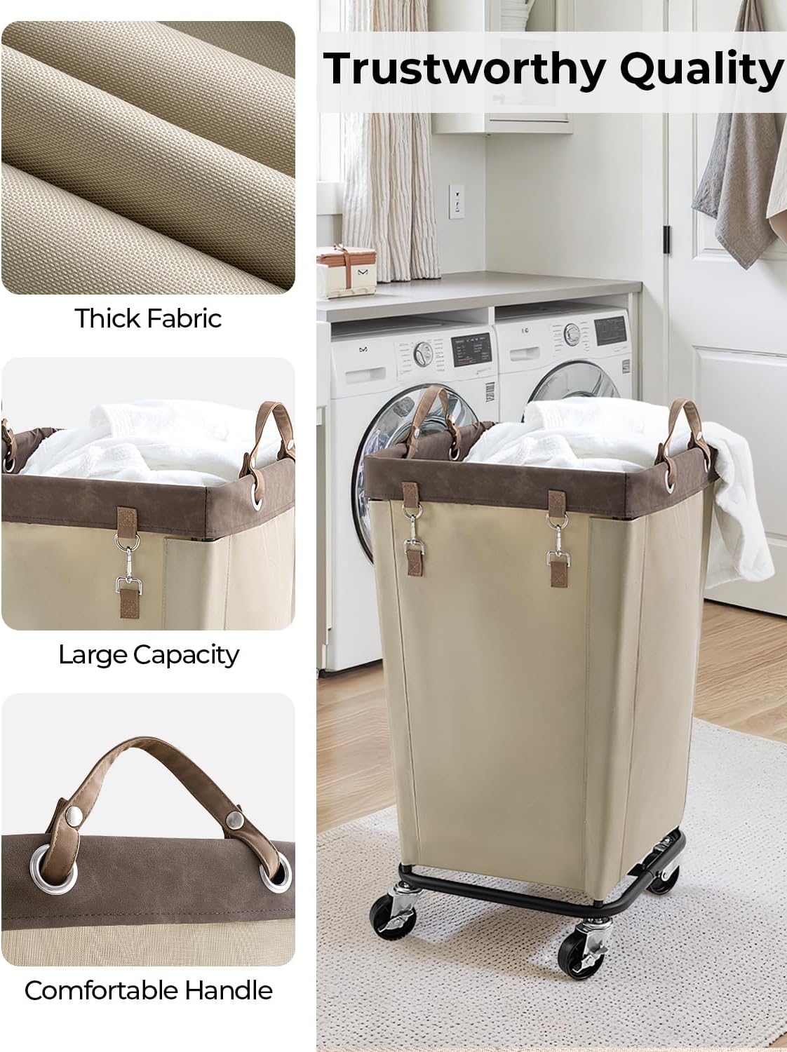 StorageWorks 160L Laundry Basket with Wheels, Large Rolling Hampers for Clothing Organizer, Dirty Clothes Basket for Hotel, Home, Closet, Dorm, Light Khaki