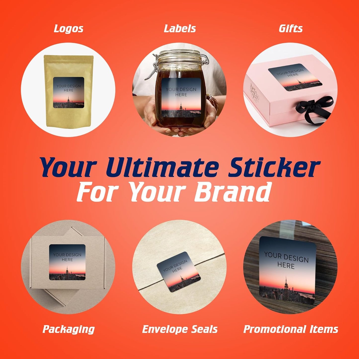 100 Custom Vinyl Stickers - Upload Your own Image, Text, Design, Logo - Personalized Logo Labels for Handmade, Packaging, Bottle, Jars, Candle, Brand Stickers (City, 5x5 Square)