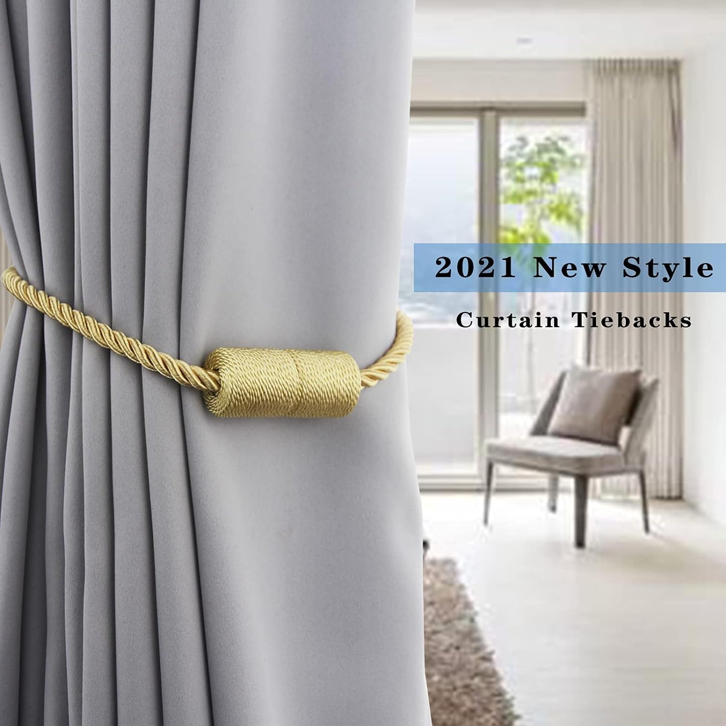 2 Pack Strong Magnetic Curtain Tiebacks Outdoor Elegant Decorative Tie Backs Modern Rope Tiebacks for Drapes Window Curtain Holdbacks for Draperies- Gold