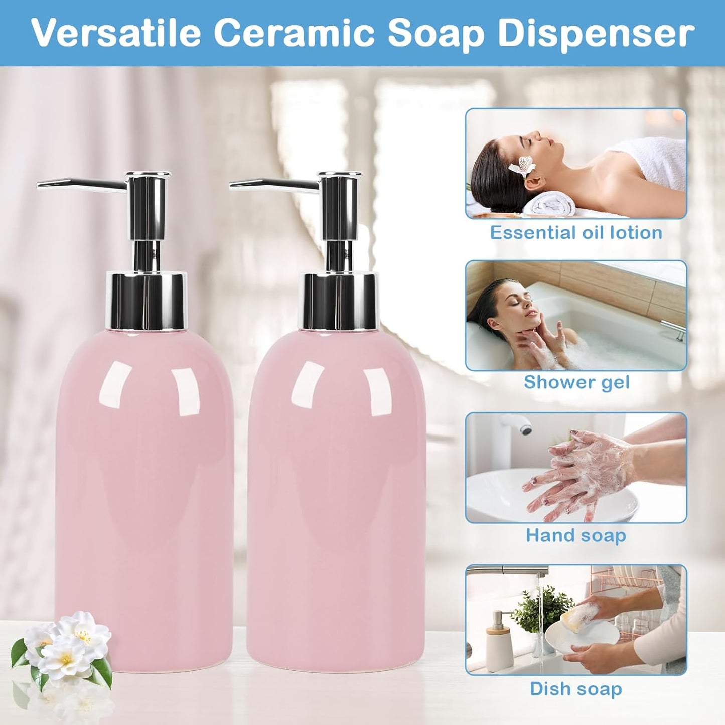Natheeph 14OZ Ceramic Soap Dispenser Ceramic Soap Pump Dispenser Can Fill Liquid for Bathroom/Kitchen (2PC Pink)