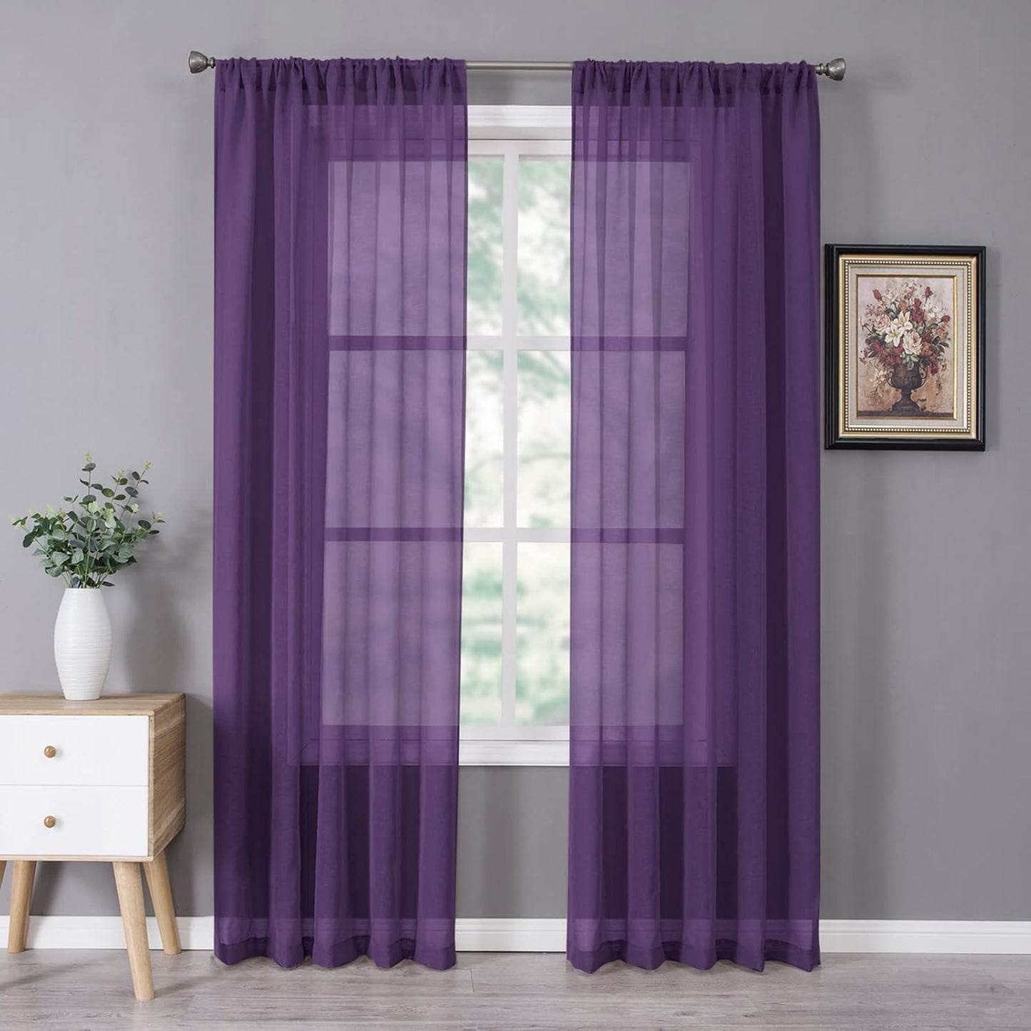 Tollpiz Sheer Curtain Linen Textured Bedroom Curtains Sheer Light Filtering Rod Pocket Voile Curtain for Living Room, 54 x 95 inches Long, Royal Purple, Set of 2 Panels