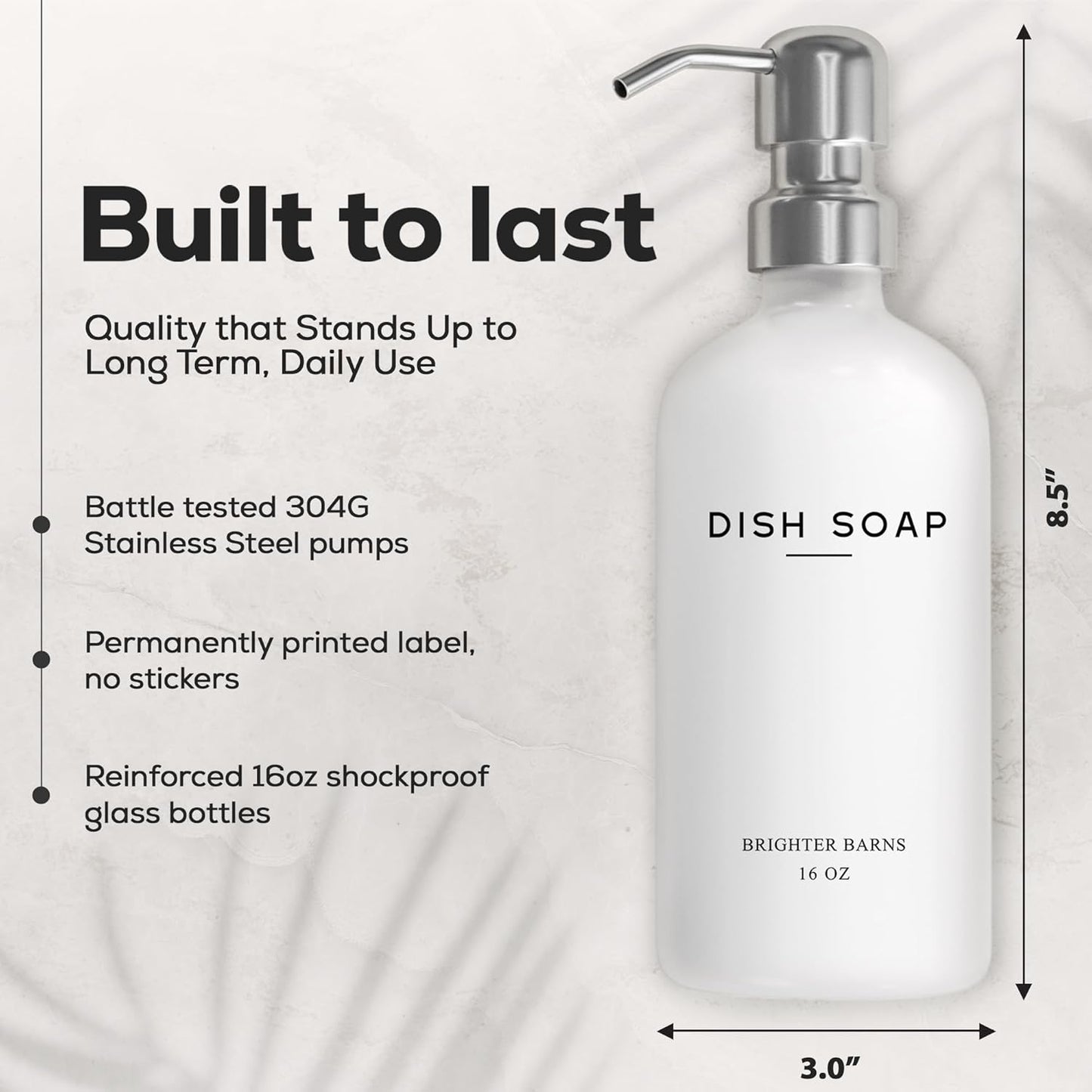 White Glass Hand and Dish Soap Dispenser Set by Brighter Barns - Modern Kitchen Soap Dispenser Set & Pump for Sink - Farmhouse Home Decor, Minimalist Kitchen Accessories (White)