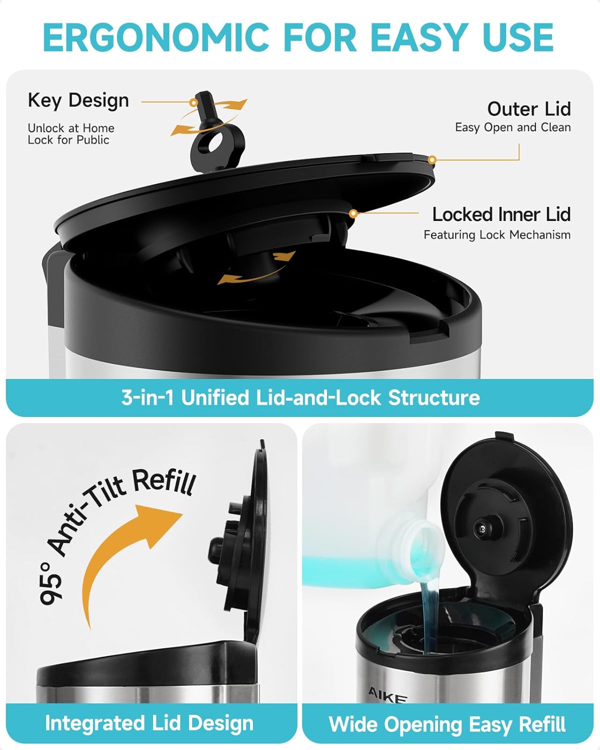 AIKE Automatic Wall Mount Liquid Soap Dispenser, Commercial Stainless Steel with 25oz Large Capacity Save Time Effort and Cost,Model AK1205(Brushed)