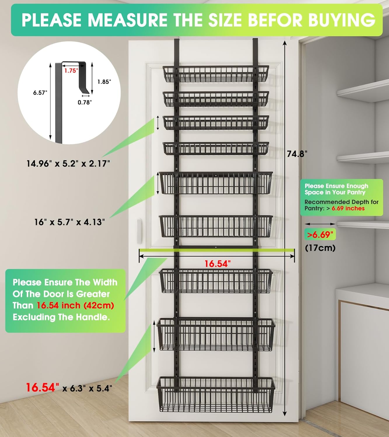 9-Tier Over The Door Pantry Organizer, Pantry Storage and Organization, Black Metal Hanging Spice Rack Seasoning Shelves Door, Wall Mount for Home & Kitchen, Laundry Room Bathroom Organization