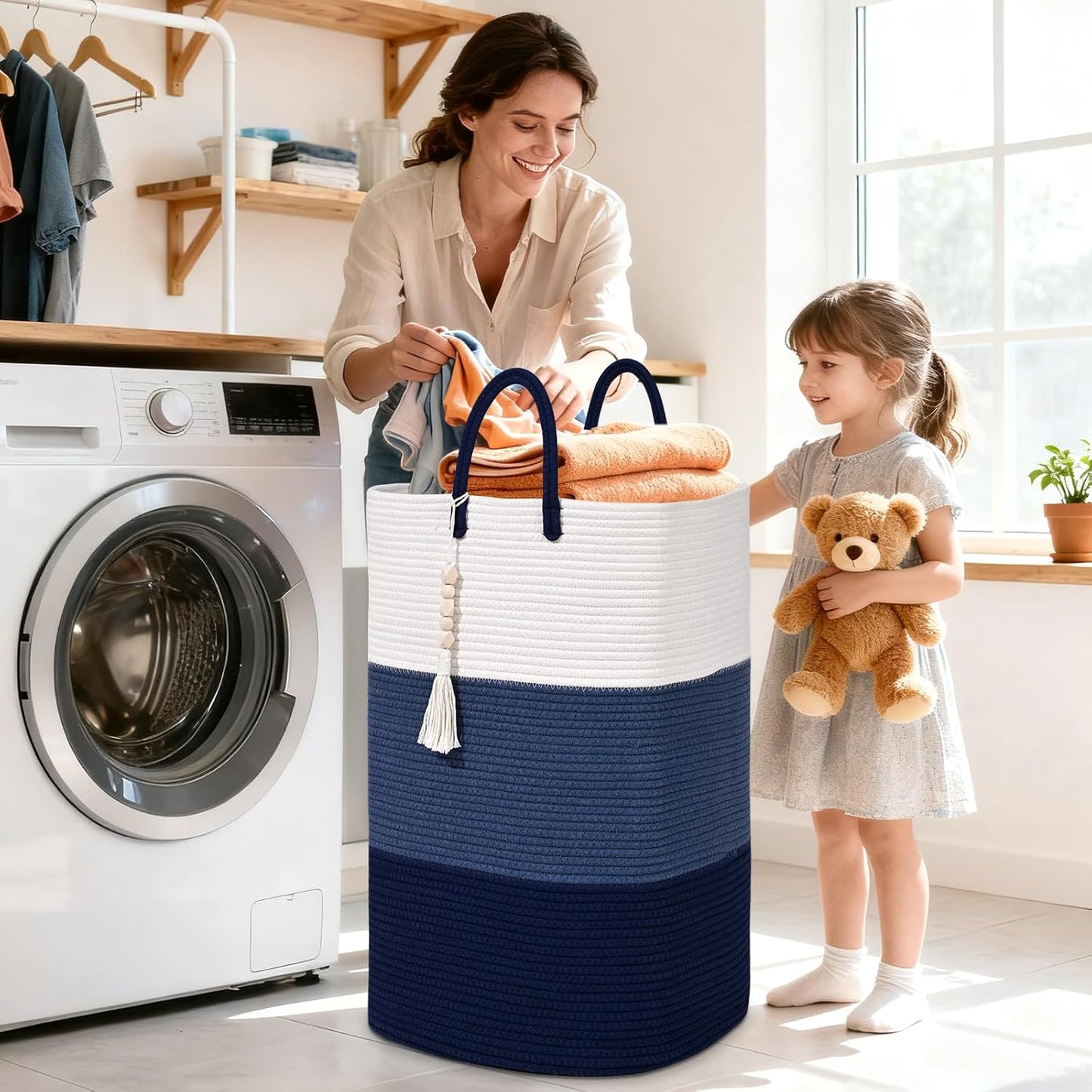 Woven Laundry Basket for Clothes,65 L Large Rectangle Laundry Hampers with Beads Tassel, Nursery Storage Basket for Toys, Tall Dirty Clothes Hamper for Bedroom Aesthetic, Laundry Room Organization
