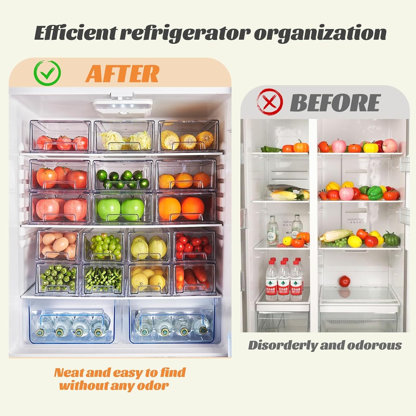 PeJeyiee 2 Pack Clear Stackable Refrigerator Organizers and Storage Drawers - Pull-Out Fridge Bins with Anti-Slip Base & Easy Clean, Plastic Organizers for Kitchen Pantry Cabinet Closet (Large)