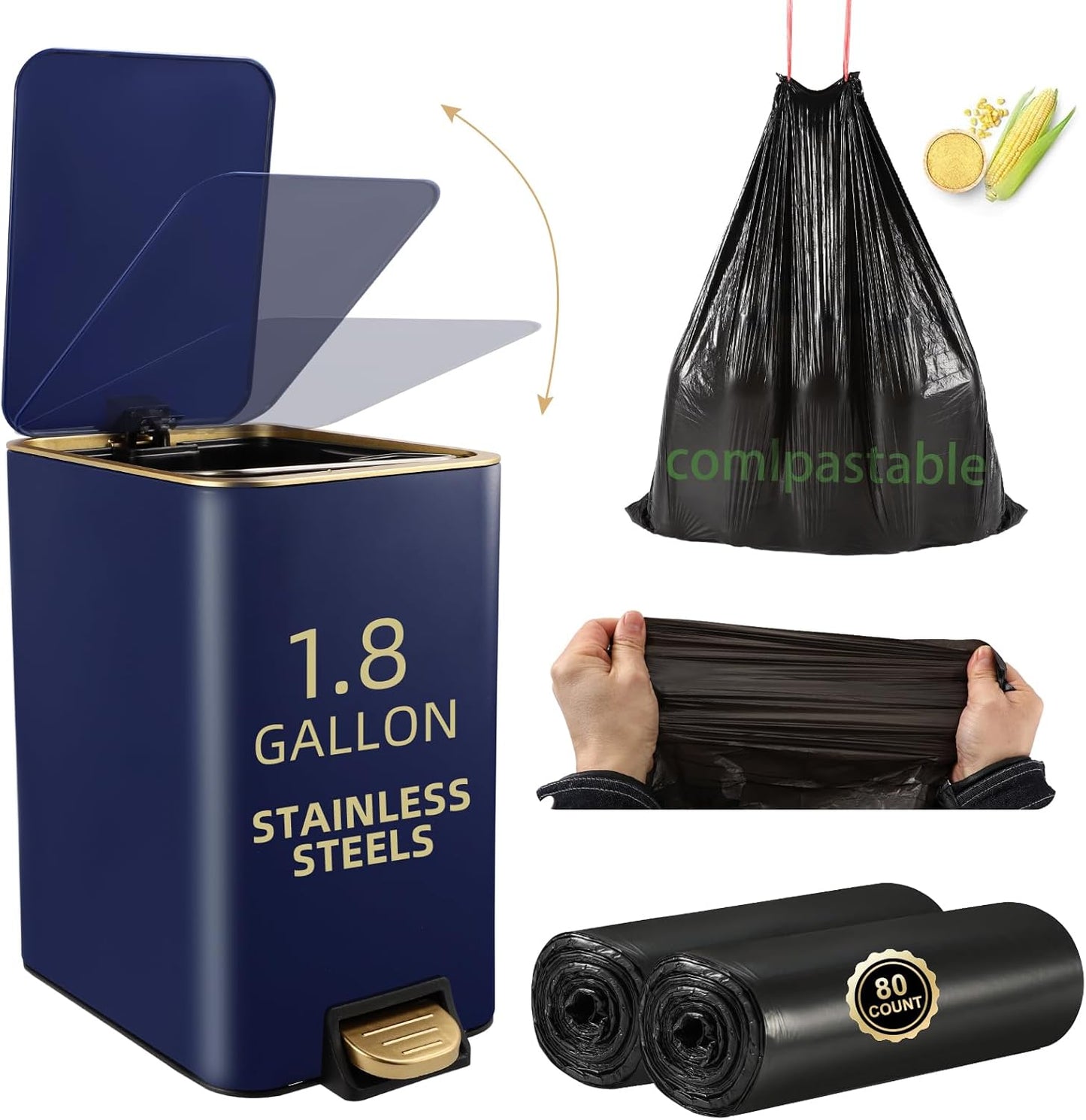 Small Bathroom Trash Can with Lid Soft Close, 1.8 Gallon Stainless Steel Garbage Can with Removable Inner Bucket,80Count Trash Bags, Slim Step Pedal Trash Bins