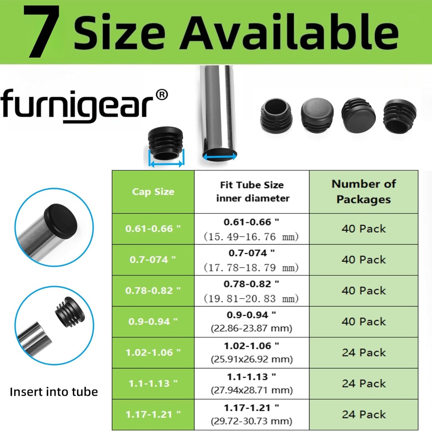 Plastic Plugs Furnigear Tubing End Caps Chair End Caps 1" Outside Bottom Round Tubing Caps Round Furniture Sliders Glides Black (Fit 0.9–0.94" Tube Inner Diameter, 40pack)