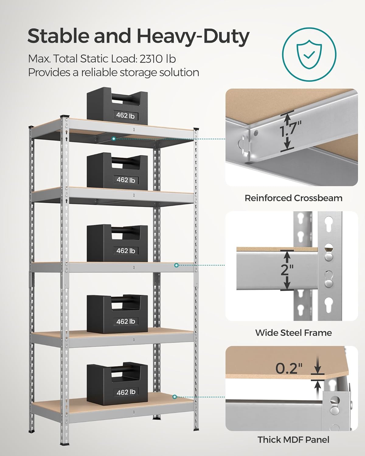 SONGMICS 5-Tier Storage Shelves, Load 2310 lb, Set of 2 Garage Storage, Boltless Assembly, Adjustable Shelving Unit, 17.7 x 35.4 x 70.9 Inches, for Study Shed Basement, Silver UGLR450E02