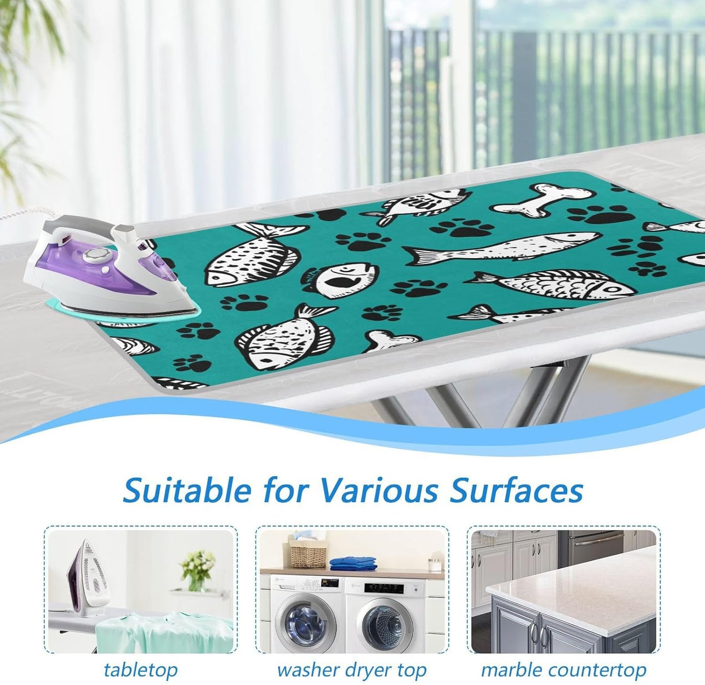 Ironing Mat Portable Ironing Pad Ironing Blanket for Table Top Heat Resistance Double-Side Using Travel Large 47.2 x 27.6 Inch Foldable Lightweight Dark Green Paw Prints and Fish