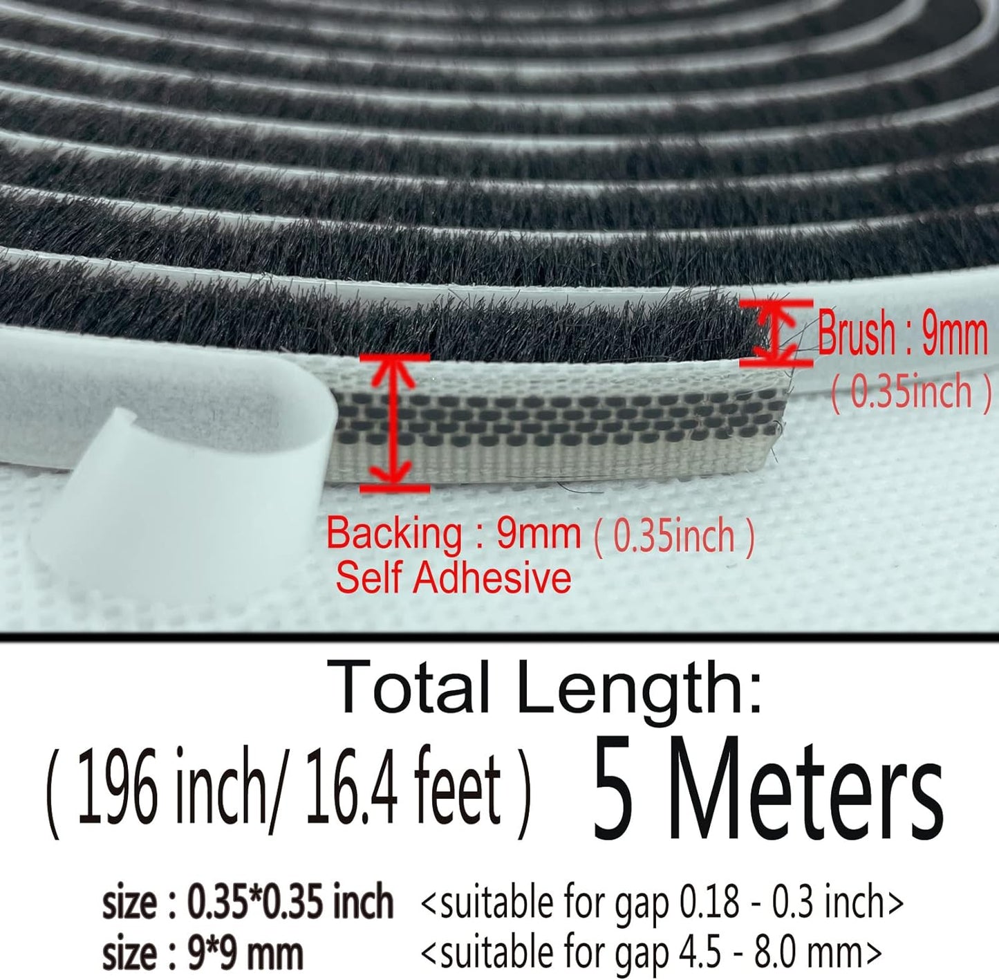 Brush Weather Stripping for Sliding Windows/Doors Frame Side,Pile Self Adhesive Weatherstrip Seal Strip for Soundproofing (16.5ft x11/32 x 11/32 Brush inch, Black)