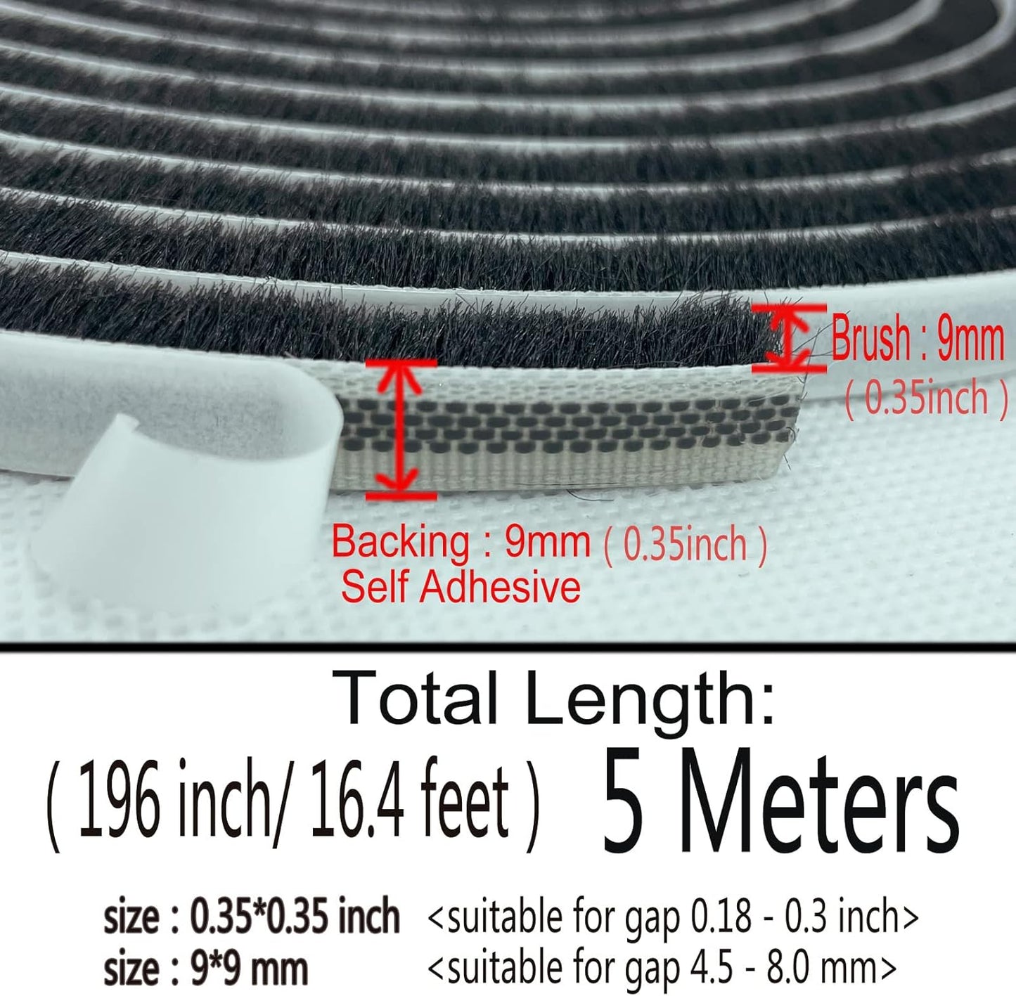 Weather Stripping Brush for Sliding Windows/Doors Frame Side,Pile Self Adhesive Weatherstrip Seal Strip Sealer Draft Stoppers (80ft x11/32 Backing x 11/32 Brush inch, Black)