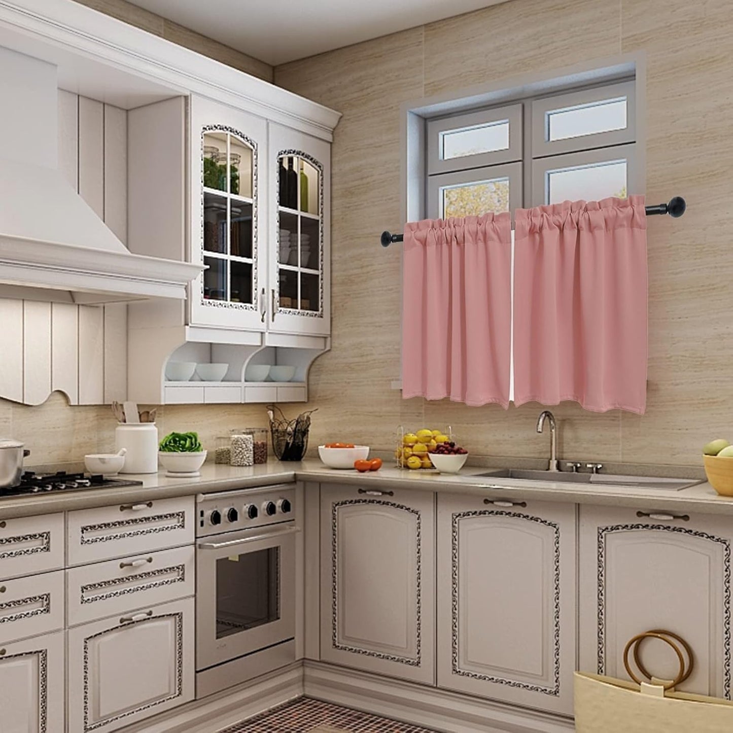 Pickluc Rod Pocket Tier Curtain - Half Blackout Curtain for Kitchen, Bathroom, Cabinet, Basement, 42 Inches Wide and 24 Inches Long, Powder Pink, 2 Panels