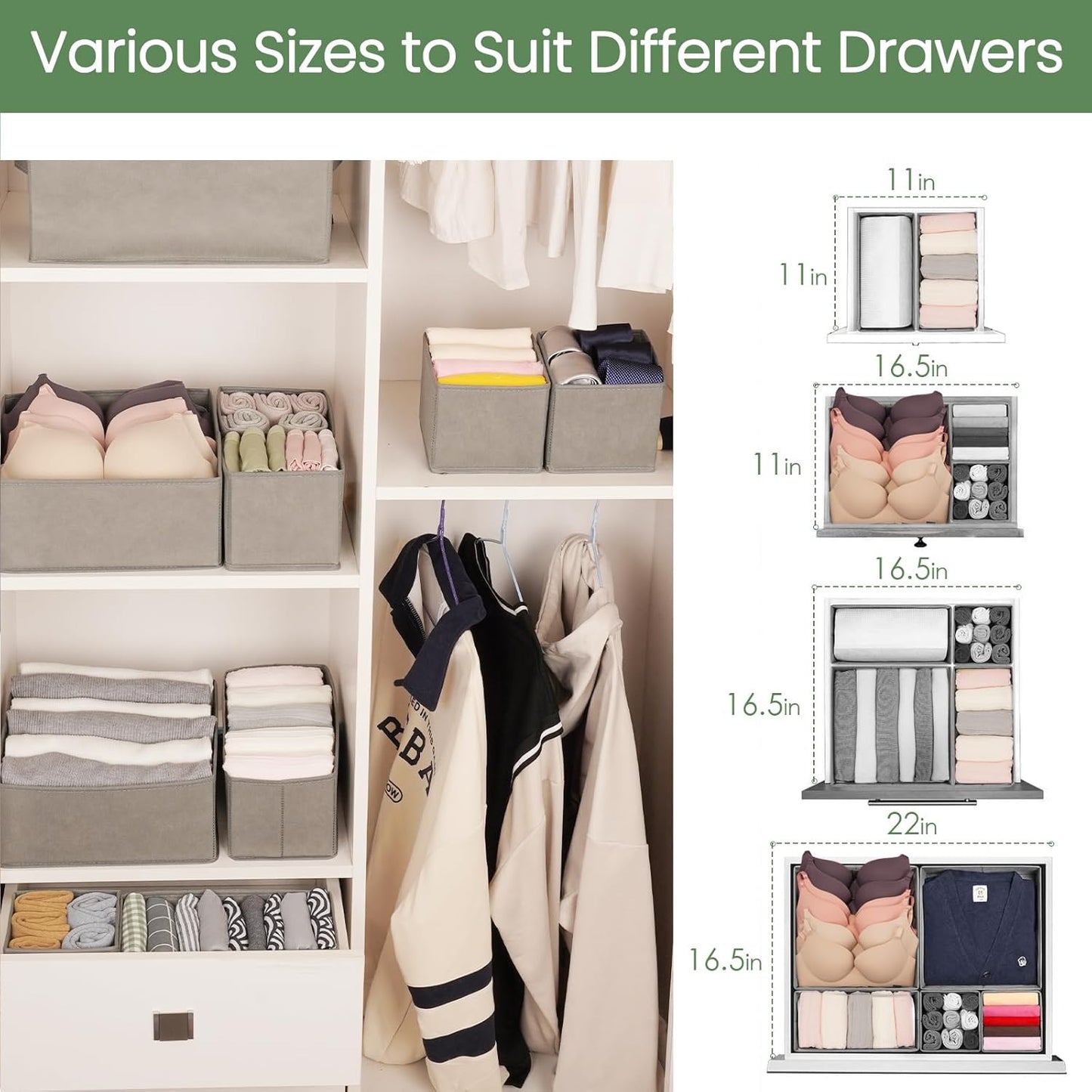 Criusia Drawer Organizer Clothes,16 Pack Underwear Drawer Organizers, Foldable Closet Organizers and Storage Dresser Drawer Dividers Clothing Organizer for Clothes, Socks, Scarves, Bra, Ties (Grey)