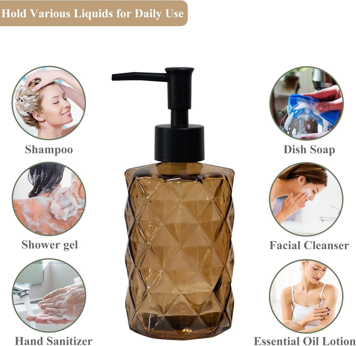 Brown Bathroom Soap Dispenser with Black Plastic Pump, 12oz Glass Lotion Dispenser, Crystal Hand Soap Dispenser for Modern Home Decor, Kitchen Countertop, Hotel