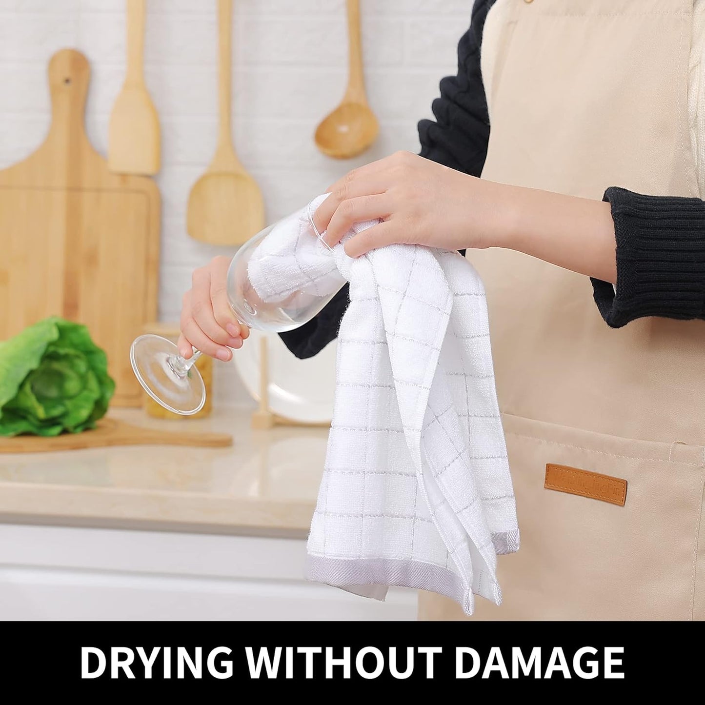 Homaxy 100% Cotton Terry Kitchen Towels(White, 13 x 28 inches), Checkered Designed, Soft and Super Absorbent Dish Towels, 6 Pack