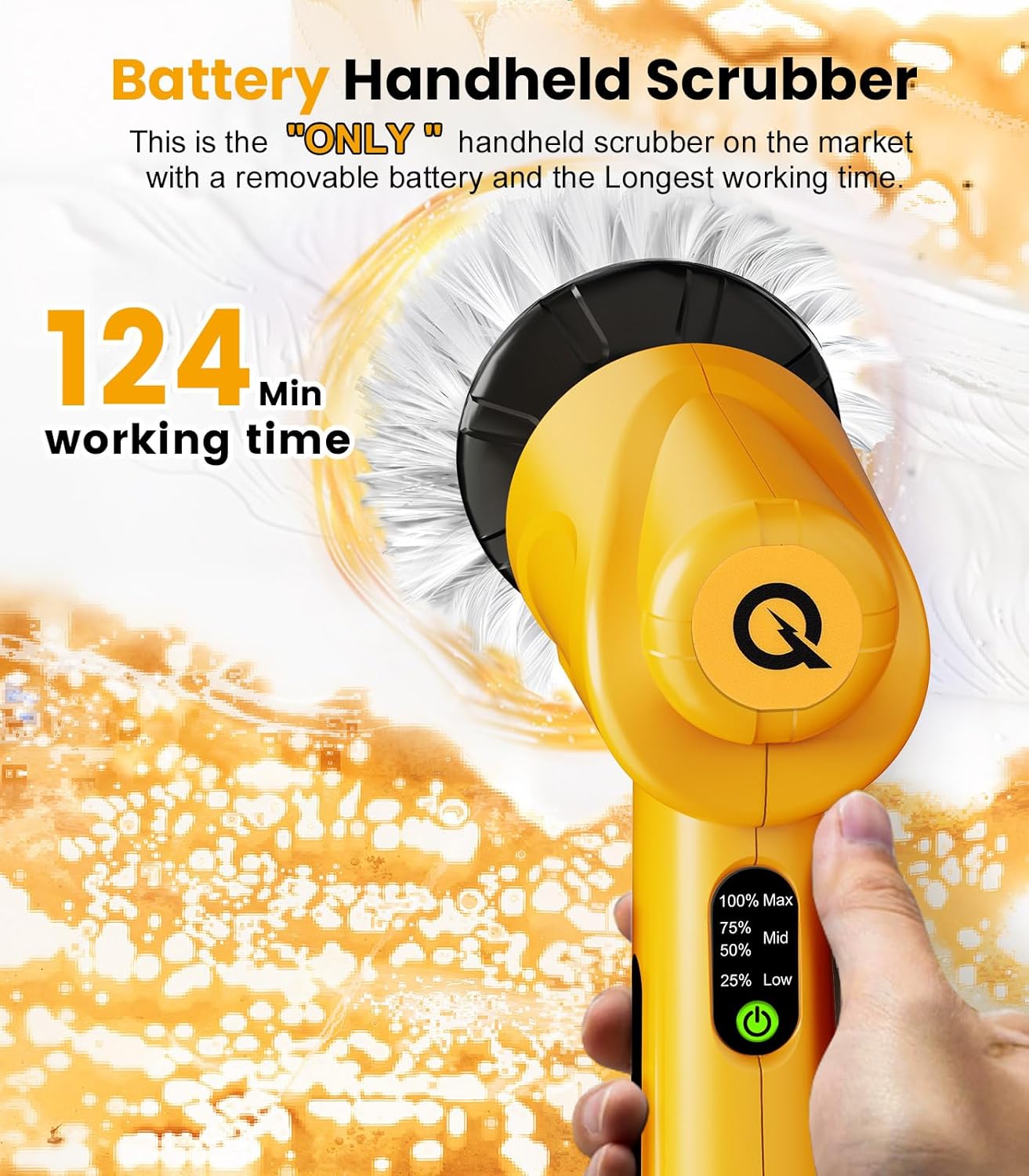 qimedo Battery Electric Spin Scrubber Q4, 800RPM Handheld Scrubber for Cleaning with Display, Power Dish Scrubber with 5 Heads, Shower Cordless Cleaning Brush for Bathroom/Sink/Window