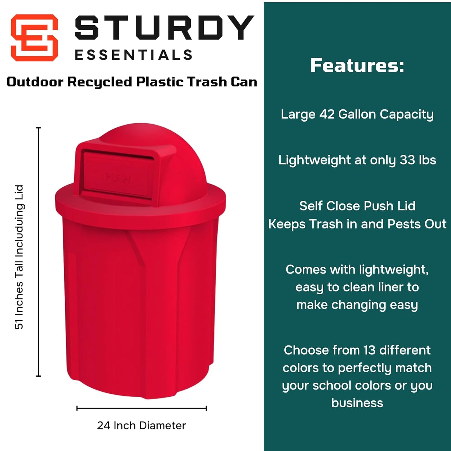42 Gallon Circle 100% Recycled Plastic Heavy Duty Outdoor Commercial Trash Can with Push Open Dome Lid and Internal Liner - Great for Schools and Businesses - Red