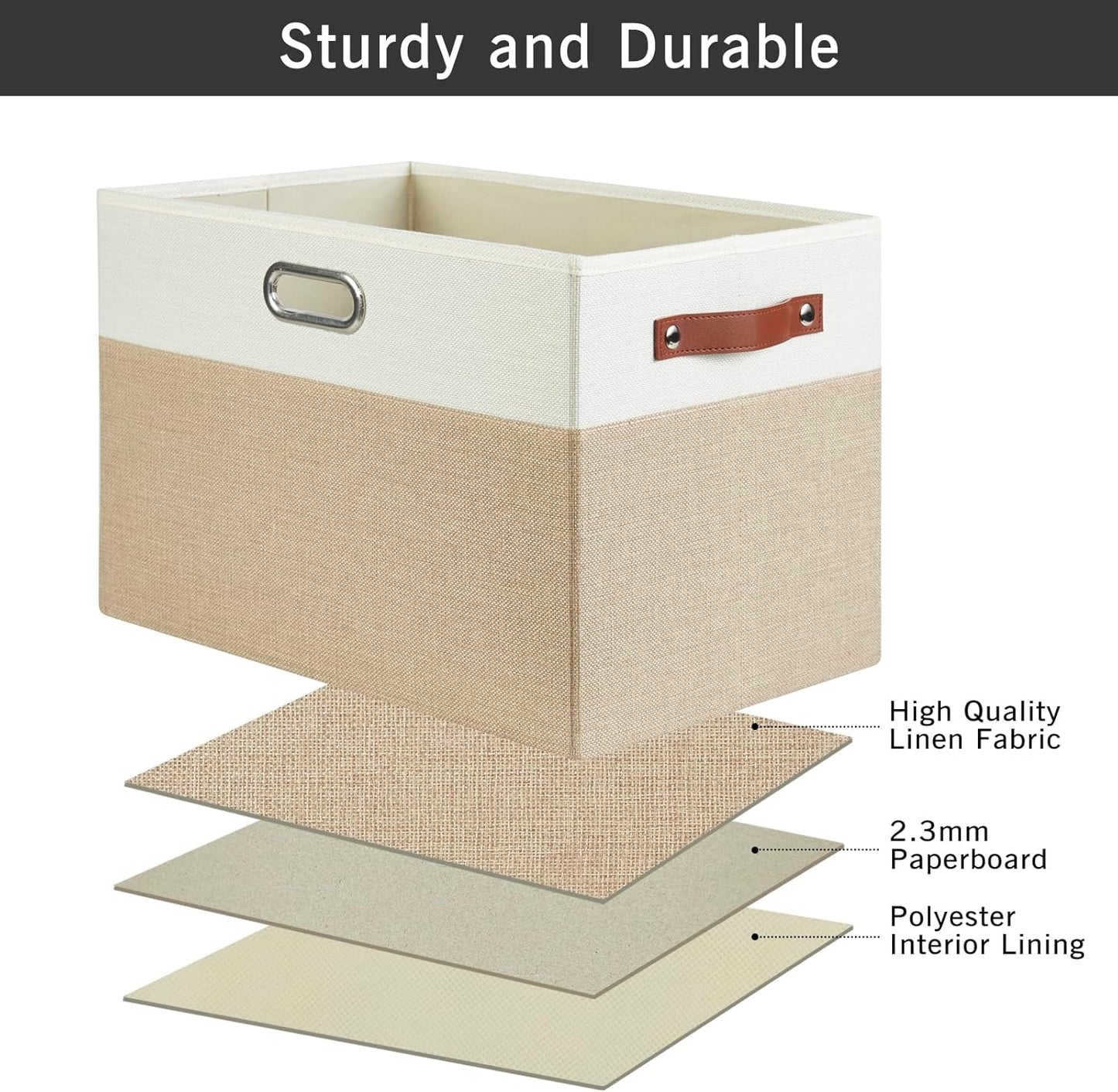 Large Collapsible Fabric Storage Bins with 3 Handles, Foldable Organizer Baskets for Closet, Shelves, Living Room | 3 Pack, Durable PU & Metal Handles (17"x11.8"x11.8", Beige & White)