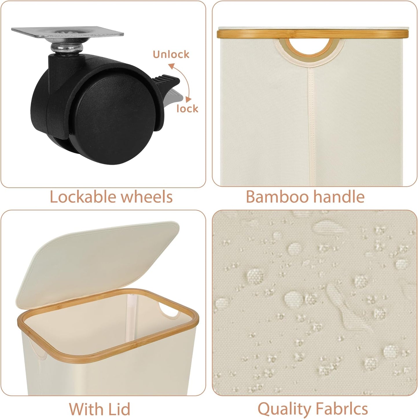 Laundry Basket with Wheels,100L Hampers for Laundry,Large Laundry Hamper with Lid and Bamboo Handles,Collapsible & Waterproof Tall Cloth Hamper for Dormitory Family，Beige