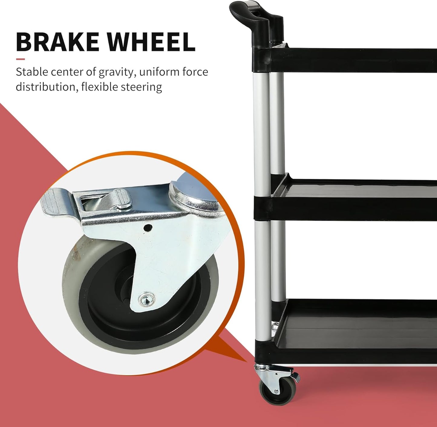 3-Tier Utility Rolling Cart with Wheels, Durable Catering carts with Wheels, Rolling Storage Cart for Hotel Canteen Resturant Office (Black, 34.4" D x 16.5" W x 37.7" H)