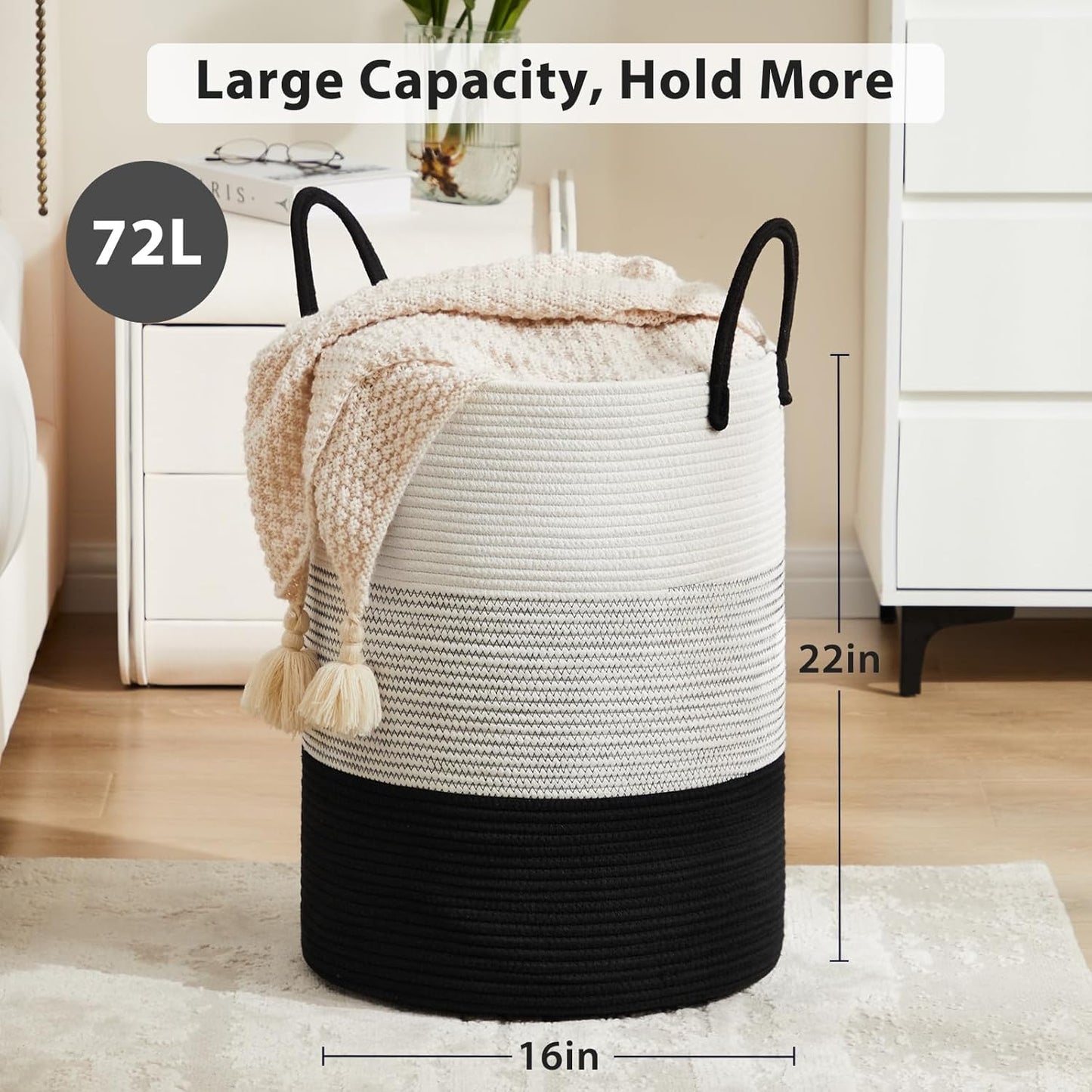 Fiona's magic Cotton Rope Laundry Hamper, Tall Woven Laundry Basket Storage, Baby Nursery Hamper for Blankets, Toys and Clothes Hamper for Bedroom and Living Room Organizing, 72L, Black & White