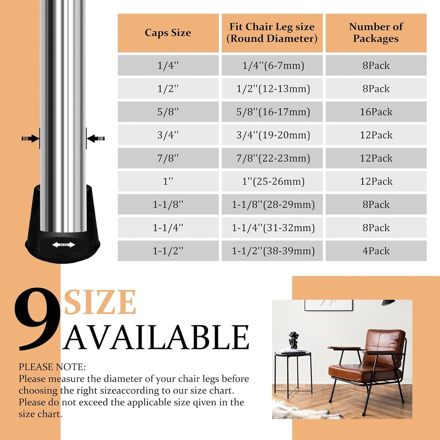 7/8" Round Rubber Chair Leg Tips Caps, Chair Leg Floor Protectors, Non-Slip Chairs Legs Caps, Stool Feet Protectors Cap, Folding Metal Chairs Legs Tip Replacement (Black, 24 Pack)