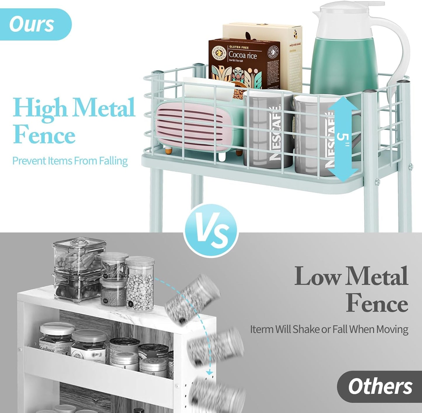 KINGRACK 3 Tier Rolling Cart, Metal Mobile Storage Shelf with Lockable Wheels, Prevent Falling Utility Trolley Cart, Storage Organizer for Kitchen, Office, Bathroom, Dorm, Green