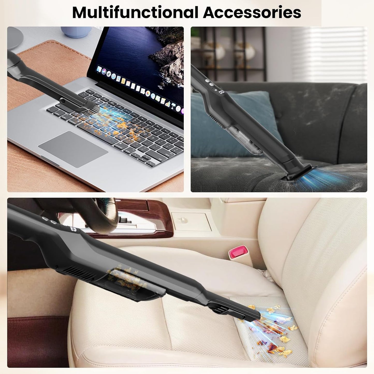 Cordless Handheld Vacuum, 24Kpa Strong Suction Car Vacuum with Brushless Motor, Charging Dock, 2in1 Flat Nozzle, Sofa Brush, 1.5lb Portable HandHeld Vacuum with 2-Speed for Home, Car, Pet, Office