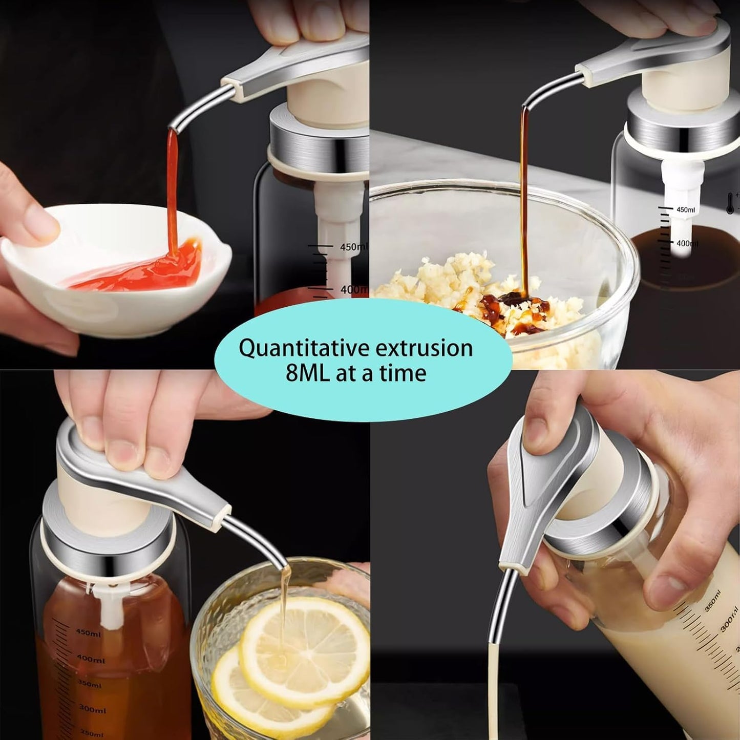 Sauce Pump Dispensers, Coffee Syrup Dispenser, 17oz Glass Bottle with Stainless Steel Pumps, Leak-Proof, Food Grade Pumps for Honey, Syrups, Oil, Condiments, Salad Dressings (4 x Units)