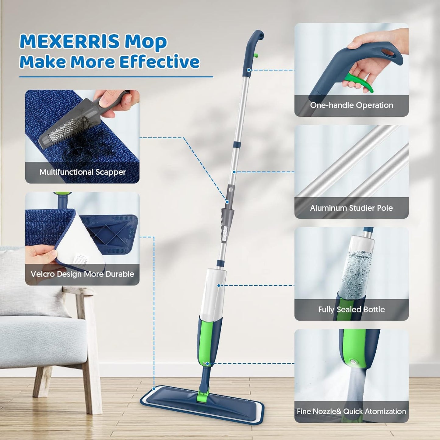 MEXERRIS Spray Wet Mops with 5X Washable Pads for Floor Cleaning, Dust Mops with 2X Bottles Commercial Home Use for Hardwood Laminate Vinyl Tiles Wood Floor, Green